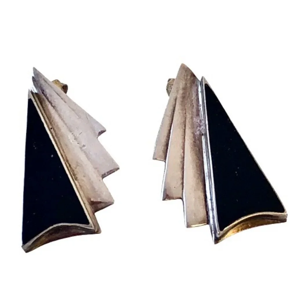 Modernist Sterling Silver & Black Onyx Post Earrings 925 Vintage Signed NF